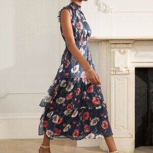 NWT Next Navy Blue Floral Printed High Neck Tiered Maxi Dress Size 16